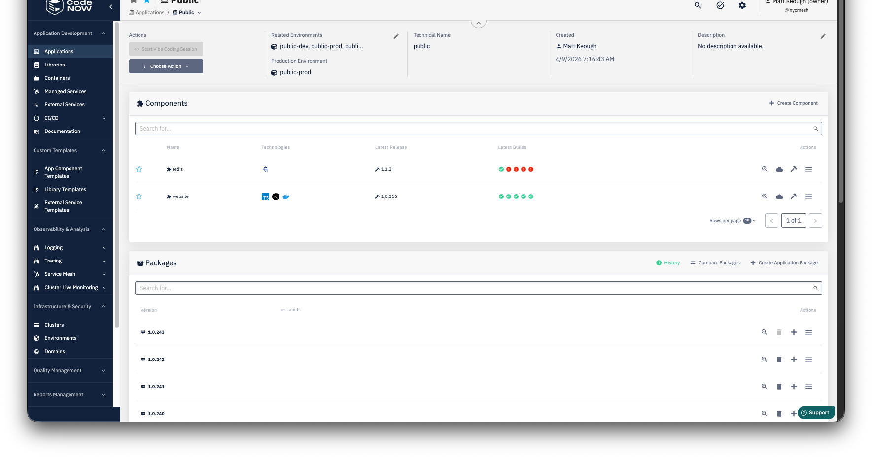 CodeNOW web UI showing the 'Public' application with components: redis (v1.1.3) and website (v1.0.316), each with build histories displayed as colored status dots, plus a packages section listing versioned application bundles 1.0.243, 1.0.242, 1.0.241, 1.0.240.