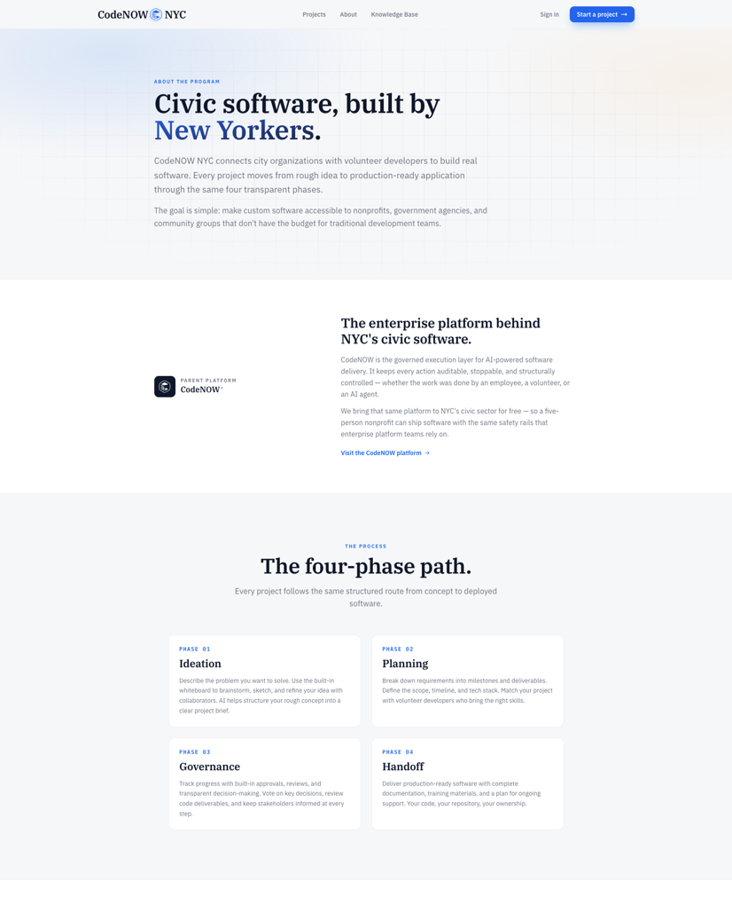 CodeNOW NYC 'About' page: 'Civic software, built by New Yorkers.' Explains that CodeNOW NYC runs on the same governed execution platform that CodeNOW provides to enterprise teams shipping AI-era software — auditable, stoppable, structurally controlled. Lists nonprofits, government agencies, volunteer developers, and vibe coders as audiences.